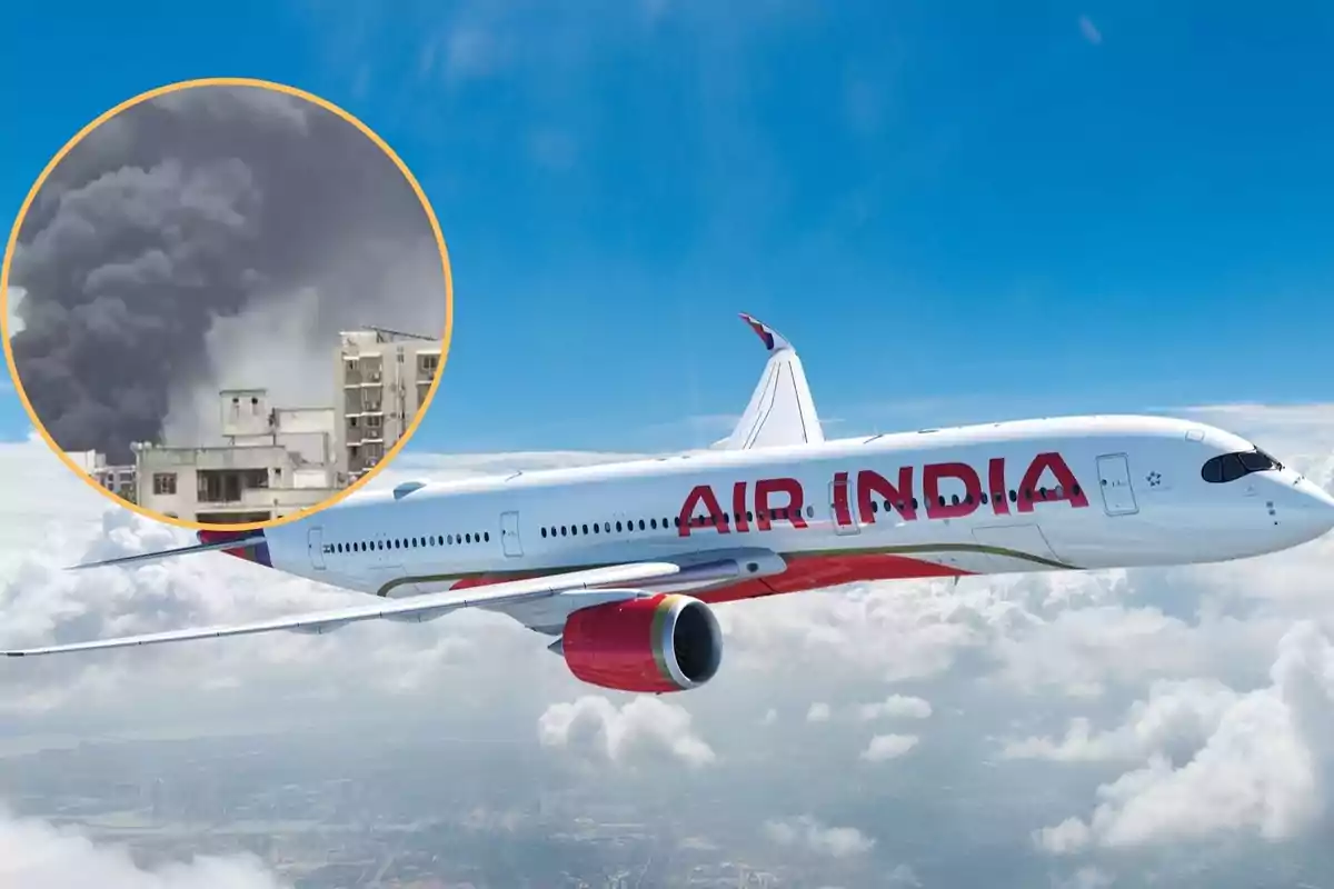 Avión de Air India volando entre las nubes con un recuadro que muestra humo negro saliendo de edificios en una ciudad