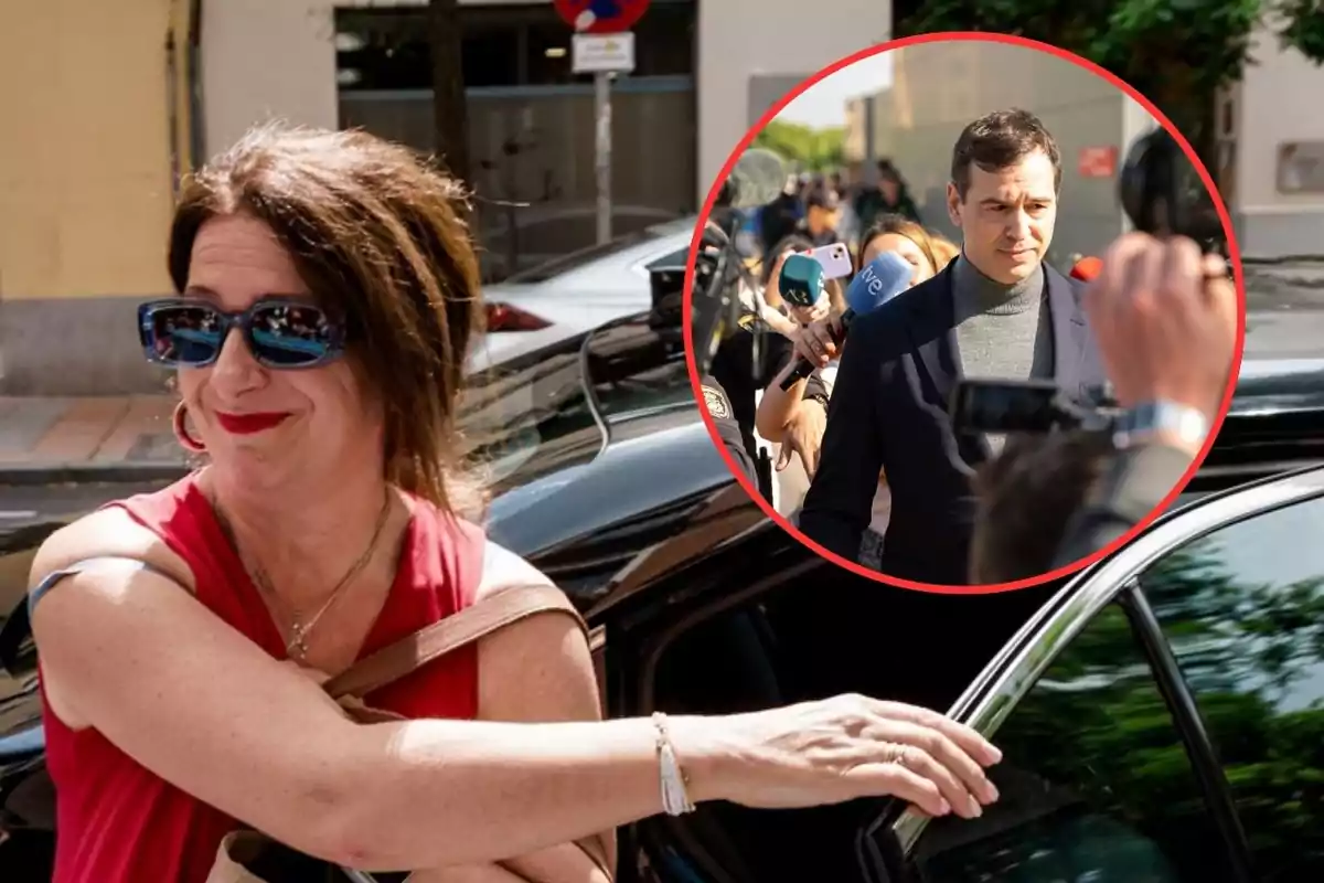 Mujer con gafas de sol y vestido rojo sonríe mientras abre la puerta de un auto en la calle con un recuadro que muestra a un hombre rodeado de periodistas y micrófonos