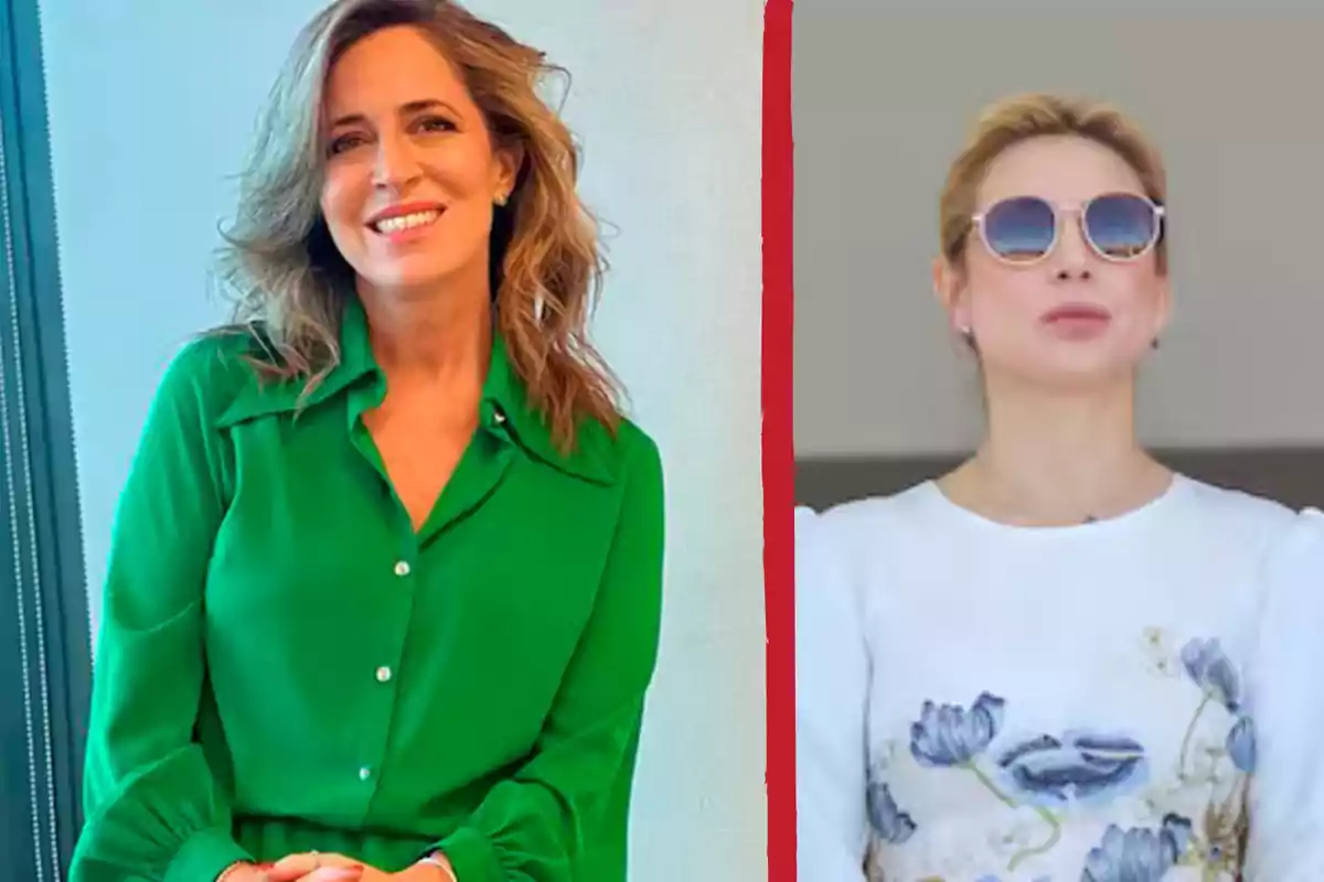 Dos mujeres posan para la cámara, una con una blusa verde y la otra con una blusa blanca con detalles florales y gafas de sol.