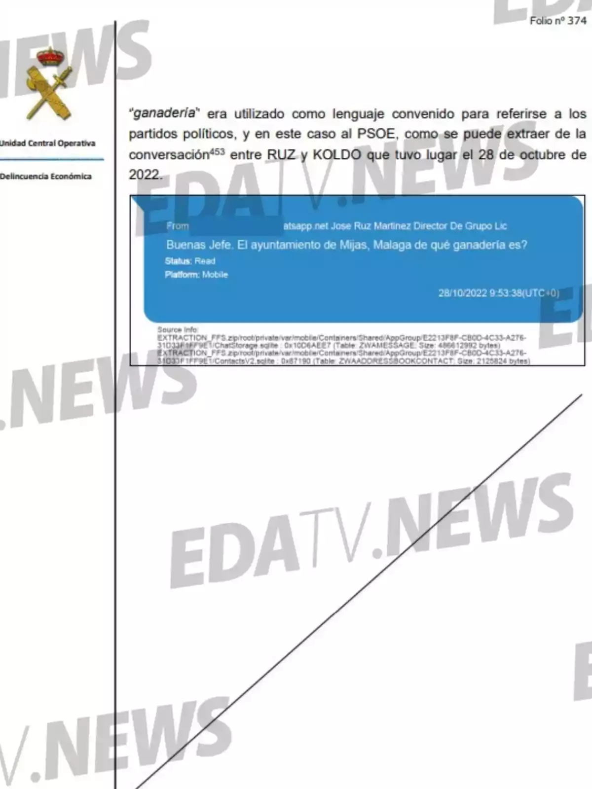 Documento oficial de la Guardia Civil sobre una conversación de WhatsApp relacionada con el uso del término ganadería para referirse a partidos políticos, mencionando al PSOE y al Ayuntamiento de Mijas Documento oficial de la Guardia Civil sobre una conversación de WhatsApp relacionada con el uso del término ganadería para referirse a partidos políticos, mencionando al PSOE y al Ayuntamiento de Mijas