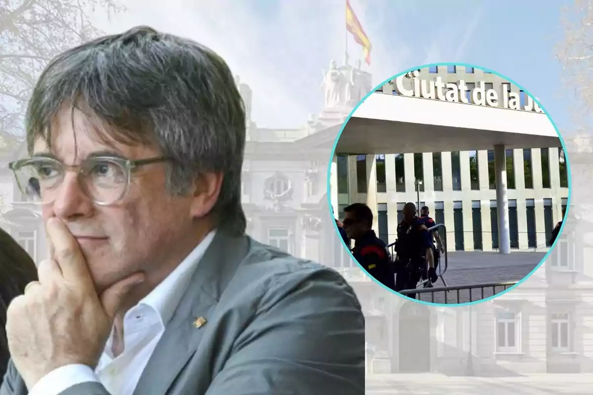 Un hombre con gafas y chaqueta gris aparece pensativo en primer plano, mientras que en un círculo superpuesto se muestra la entrada de un edificio con la inscripción "Ciutat de la Justícia" y varias personas, incluyendo un hombre en silla de ruedas escoltado por policías.