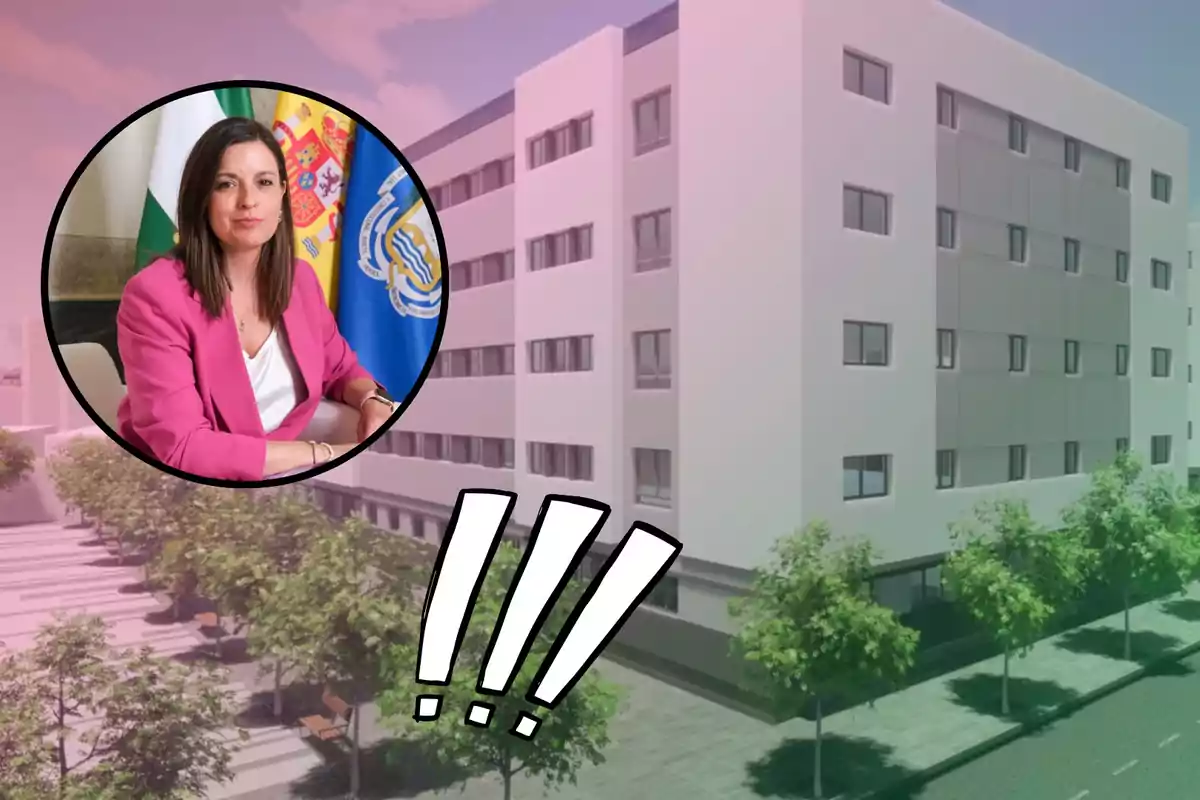 Una mujer con chaqueta rosa aparece en un círculo superpuesto sobre la imagen de un edificio moderno con árboles en la acera y signos de exclamación en la parte inferior.