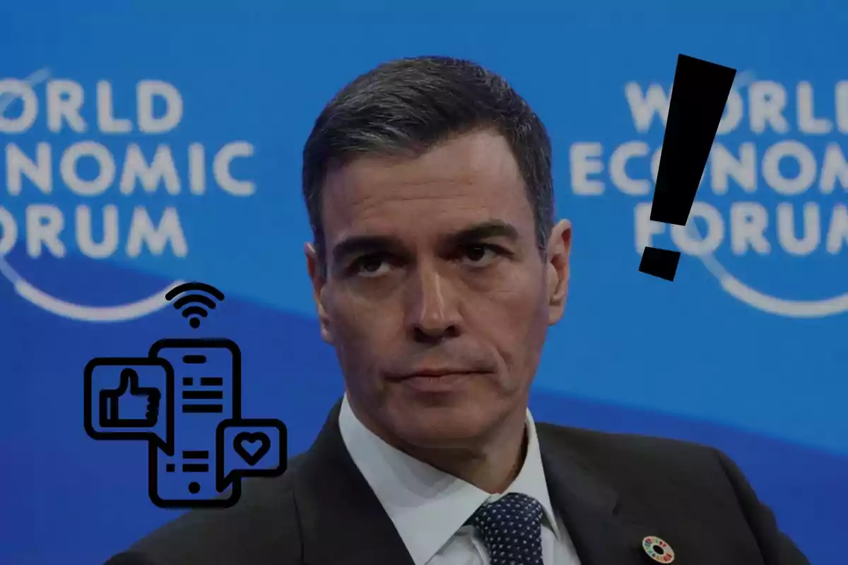 A man at a World Economic Forum event with social media icons and an exclamation mark superimposed.