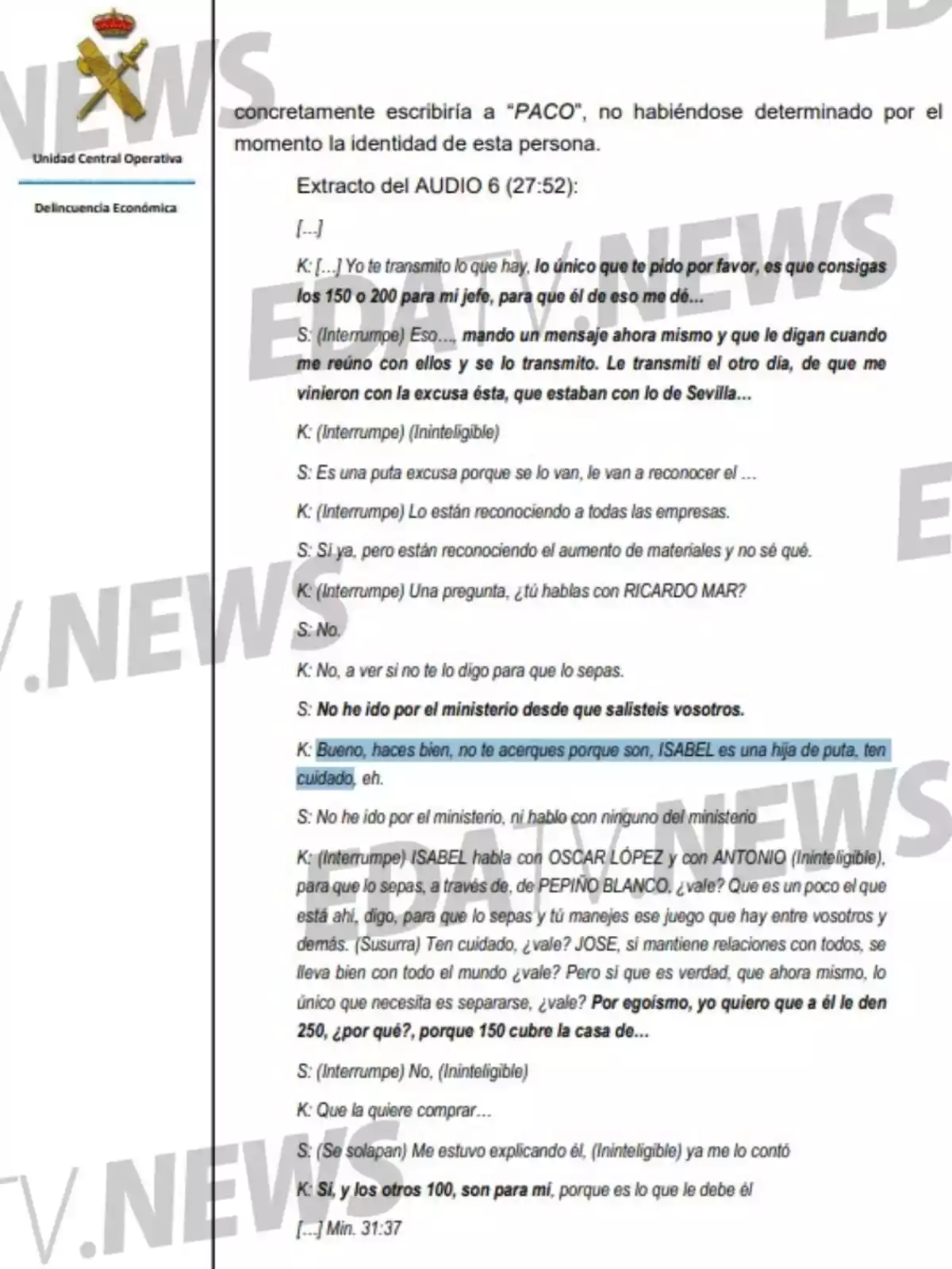Documento oficial de la Unidad Central Operativa de Delincuencia Económica con extracto de una transcripción de audio donde se mencionan conversaciones sobre dinero, excusas y advertencias sobre una persona llamada Isabel, con partes resaltadas en azul y logotipo oficial en la parte superior izquierda. Documento oficial de la Unidad Central Operativa de Delincuencia Económica con extracto de una transcripción de audio donde se mencionan conversaciones sobre dinero, excusas y advertencias sobre una persona llamada Isabel, con partes resaltadas en azul y logotipo oficial en la parte superior izquierda.