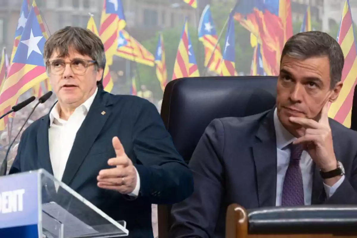 Collage de Pedro Sánchez y Carles Puigdemont con fondo independentista
