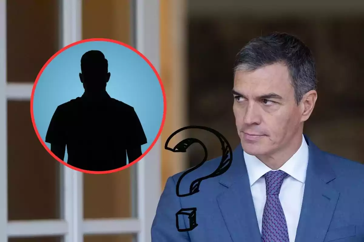 Hombre de traje mirando hacia un lado con un círculo rojo que contiene una silueta y un signo de interrogación.