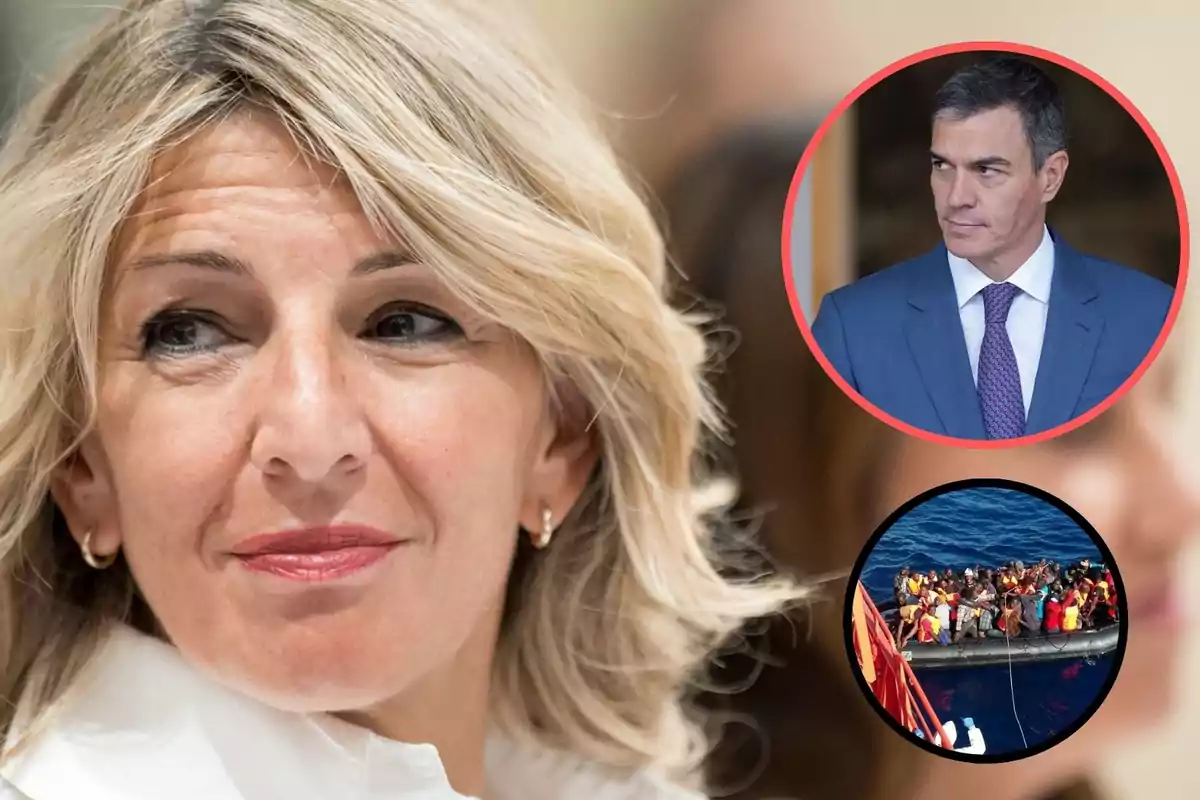 Una mujer rubia en primer plano con dos imágenes circulares superpuestas, una de un hombre con traje y otra de un grupo de personas en un bote en el mar.