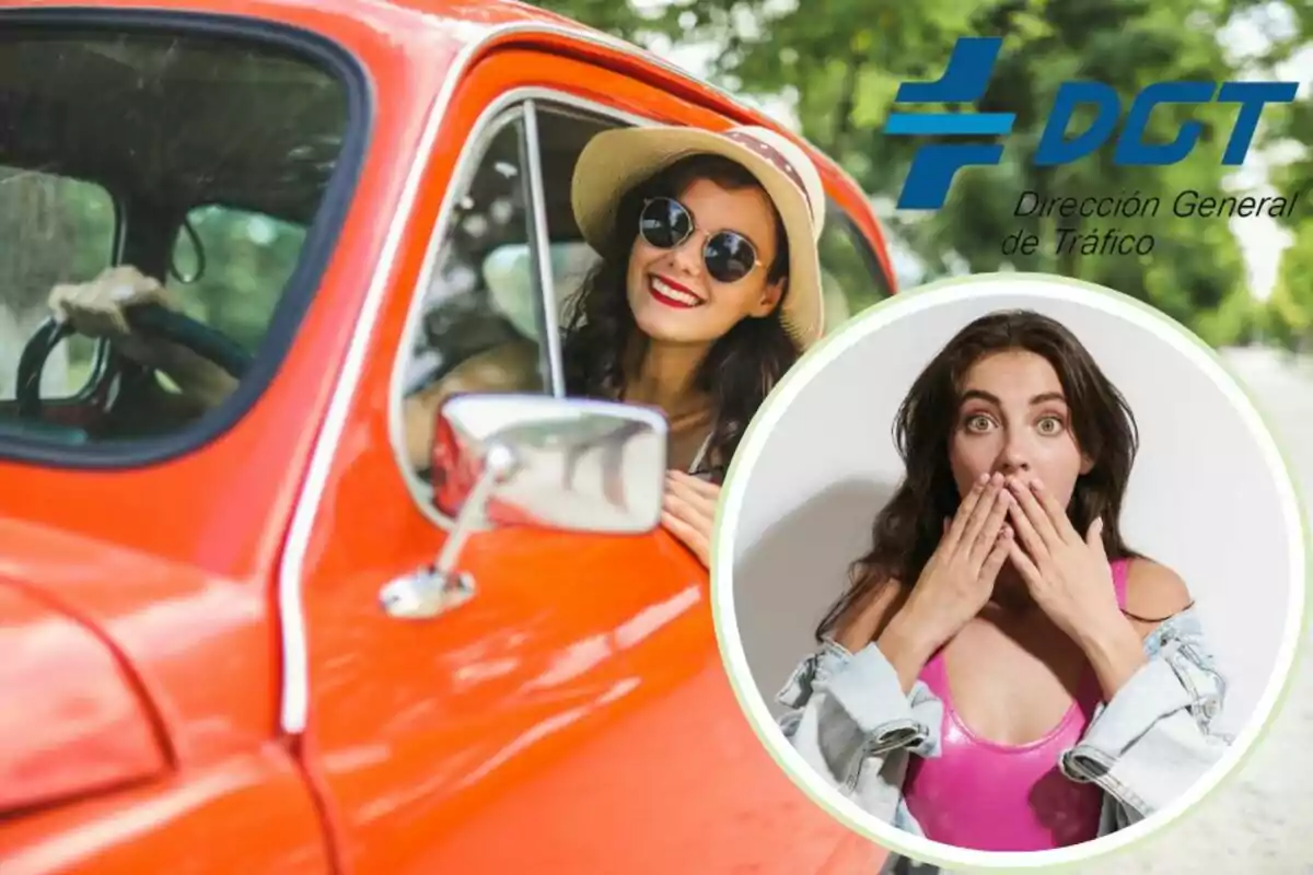 Una mujer sonriente con gafas de sol y sombrero maneja un coche rojo, mientras que otra mujer con expresión de sorpresa se muestra en un círculo superpuesto; el logo de la Dirección General de Tráfico (DGT) está en la esquina superior derecha.