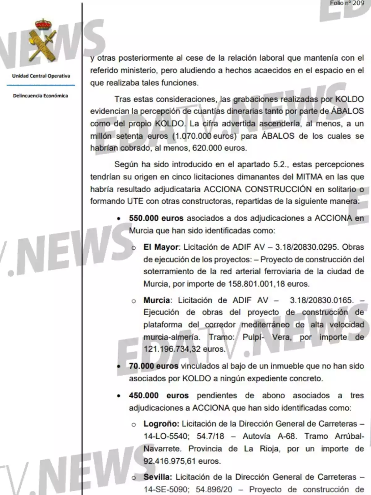 Documento oficial de la Unidad Central Operativa de la Guardia Civil sobre percepciones económicas relacionadas con licitaciones y adjudicaciones a la empresa Acciona, mencionando cifras y proyectos en distintas ciudades de España Documento oficial de la Unidad Central Operativa de la Guardia Civil sobre percepciones económicas relacionadas con licitaciones y adjudicaciones a la empresa Acciona, mencionando cifras y proyectos en distintas ciudades de España