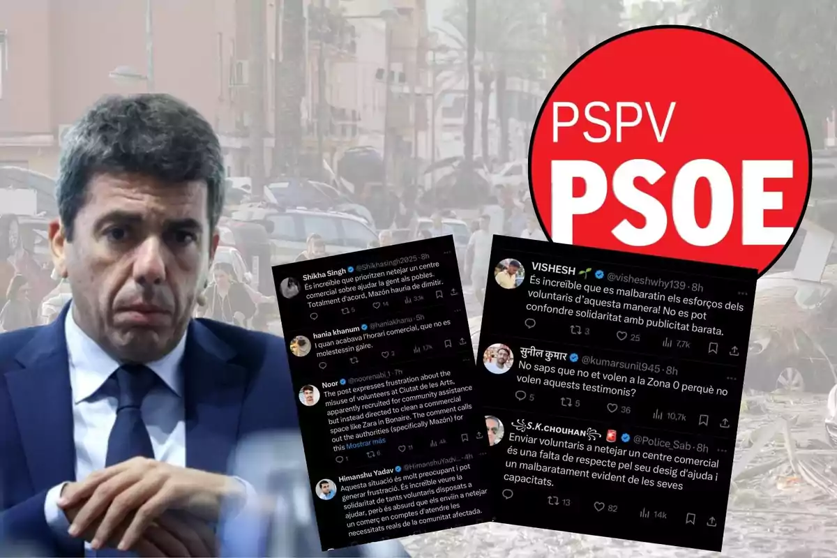 Un hombre con traje aparece en primer plano con una expresión seria. A su lado, hay capturas de pantalla de varios tuits en diferentes idiomas. Al fondo, se ve una calle con coches y personas, y un logotipo del PSPV-PSOE.