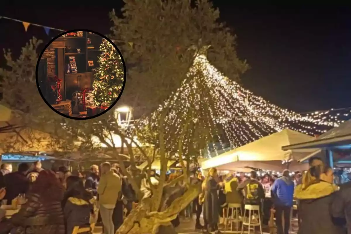 Una multitud disfruta de una celebración nocturna al aire libre bajo luces festivas, mientras un árbol de Navidad decorado con regalos se muestra en un recuadro.