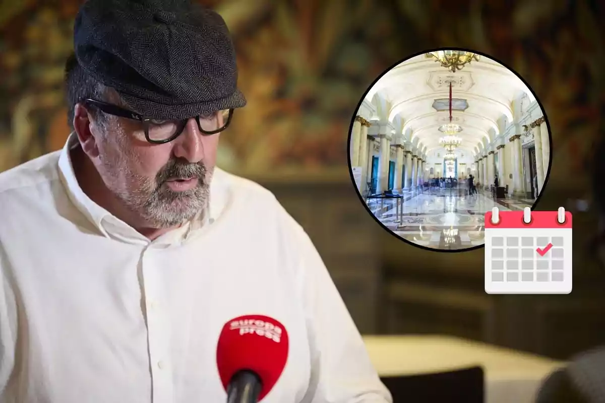 Un hombre con gafas y gorra habla frente a un micrófono rojo de Europa Press con una imagen circular superpuesta de un pasillo elegante y un icono de calendario.