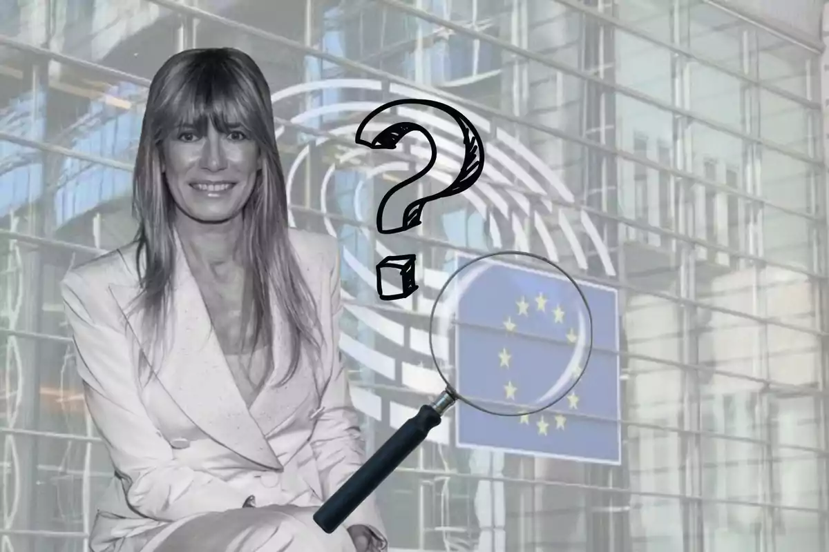 Mujer sonriente con traje blanco frente a un edificio con el logo de la Unión Europea, acompañada de un signo de interrogación y una lupa.