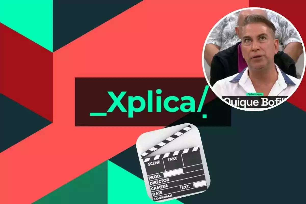 Imagen con el logo de "_Xplica/" en el centro, un hombre en un círculo en la esquina superior derecha y una claqueta de cine en la parte inferior.