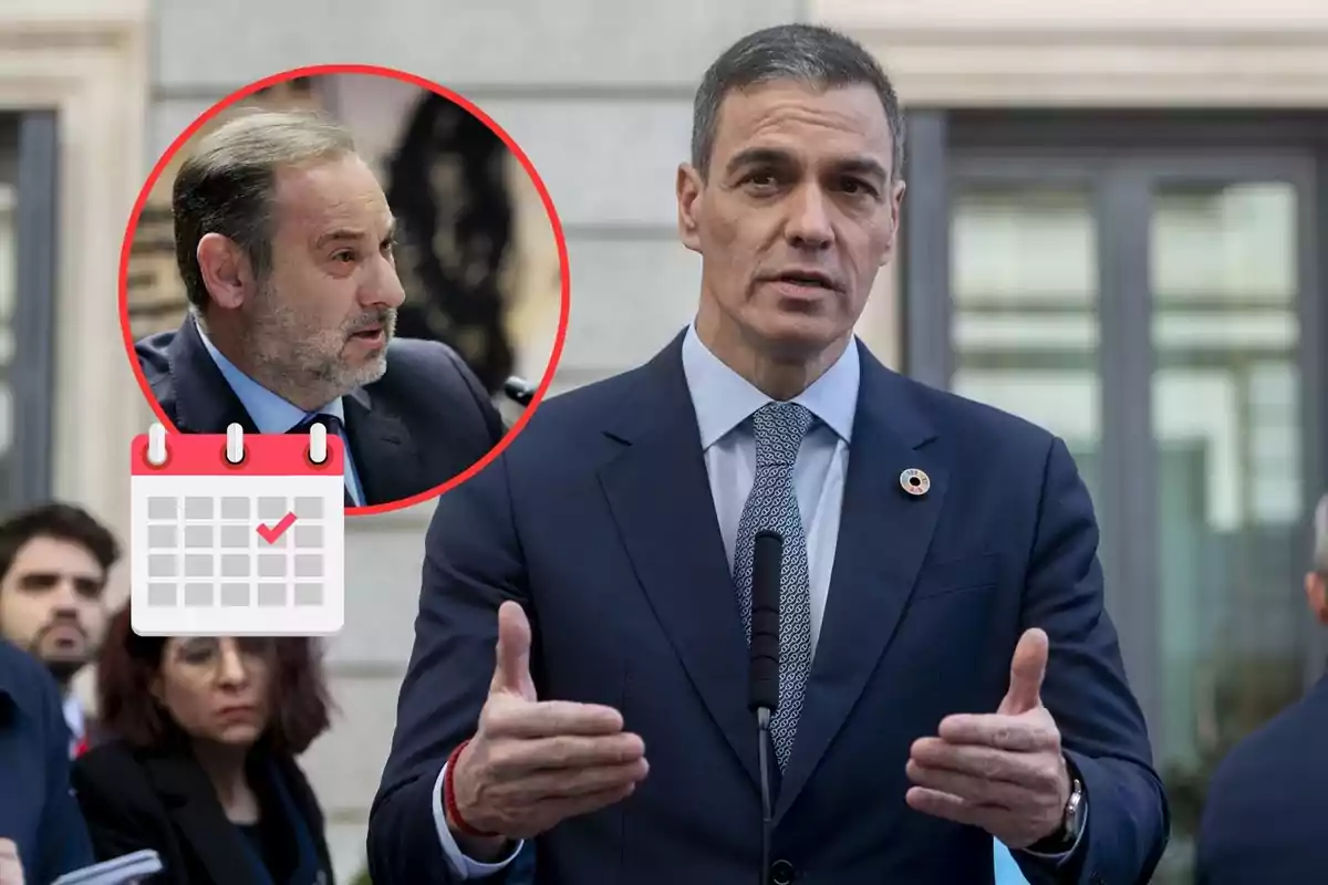 Un hombre en traje habla frente a un micrófono mientras otra persona aparece en un círculo rojo con un icono de calendario.