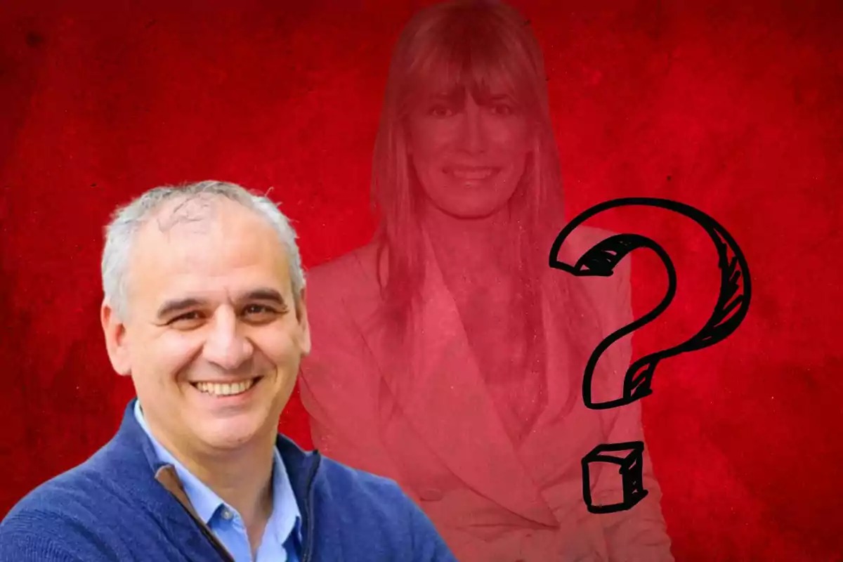 Un hombre sonriente en primer plano con una mujer difuminada y un signo de interrogación en el fondo rojo.