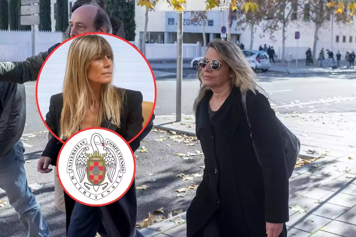 Una mujer con gafas de sol camina por la calle mientras otra mujer aparece en un recuadro con el logo de una universidad.