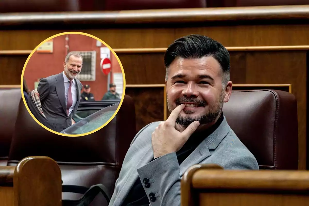 Un hombre sonriente sentado en un sillón en un entorno formal con una imagen circular de otro hombre sonriendo al aire libre.