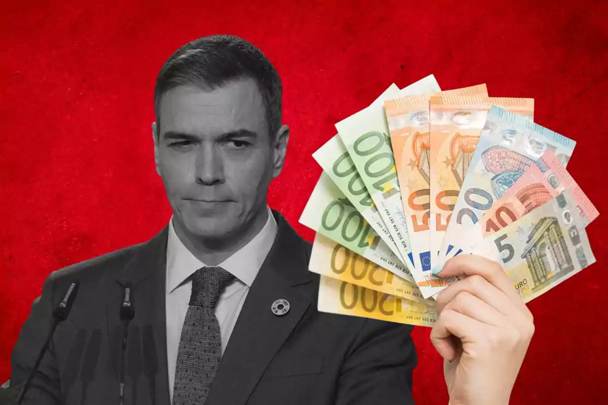 A black and white man with a serious expression next to a hand holding euro bills on a red background.