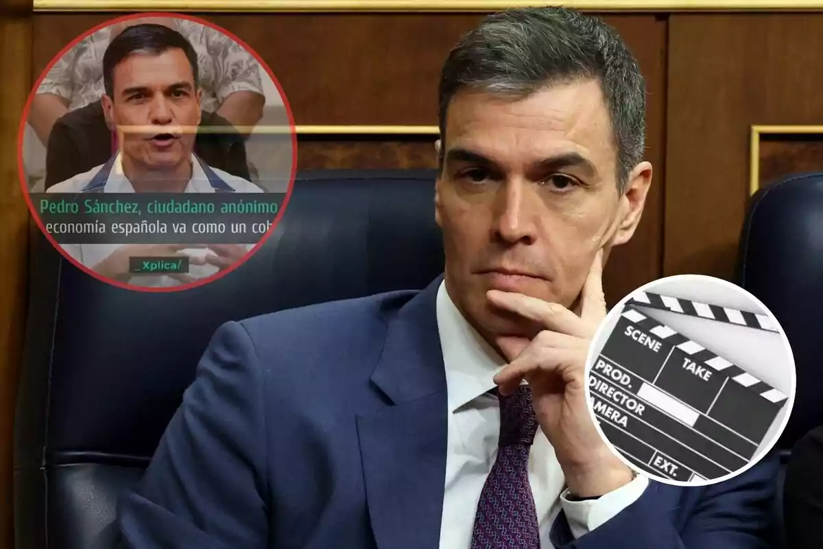 Un hombre en traje azul está sentado con una expresión pensativa, mientras en la esquina superior izquierda hay una imagen superpuesta de él hablando con un texto que dice "Pedro Sánchez, ciudadano anónimo, economía española va como un cohete" y en la esquina inferior derecha hay una claqueta de cine.