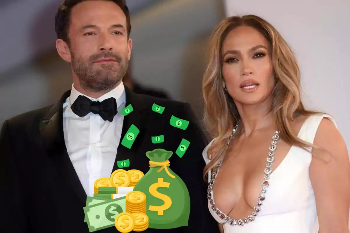 Una pareja elegantemente vestida en un evento, con gráficos de dinero superpuestos en la imagen.