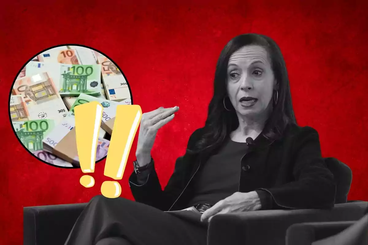 Mujer hablando con un fondo rojo y un círculo que muestra billetes de euro y signos de exclamación amarillos.