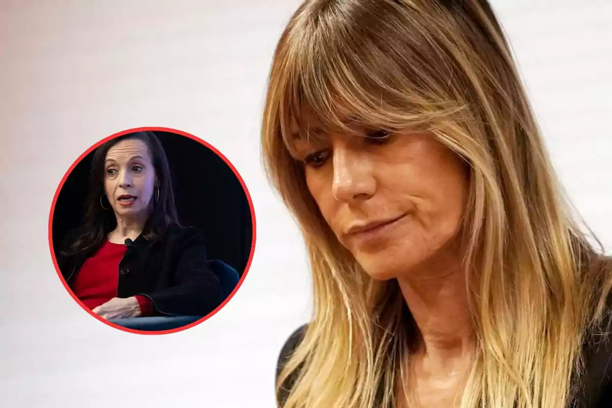 Una mujer de cabello rubio mira hacia abajo con expresión seria mientras en un recuadro circular aparece otra mujer de cabello oscuro hablando.