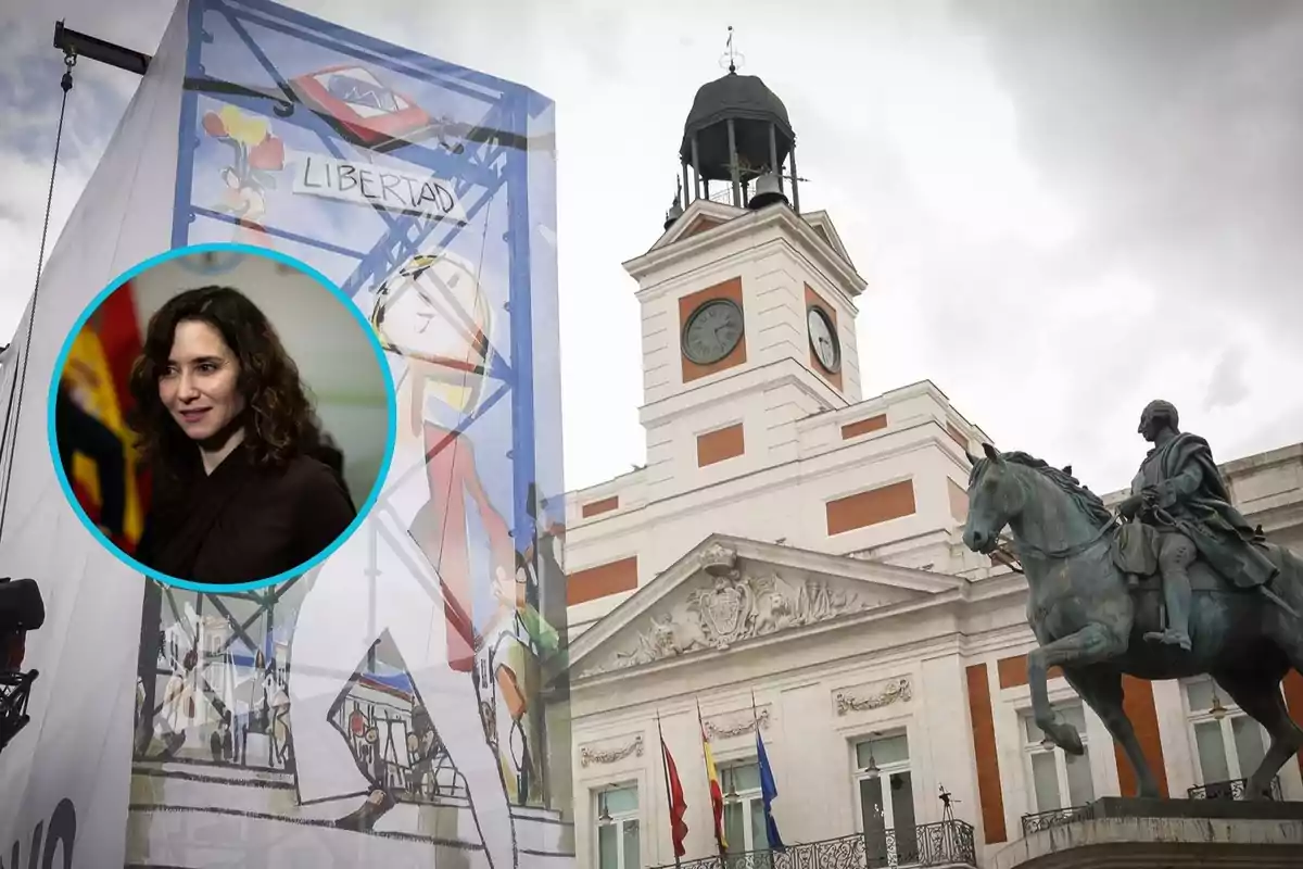Una imagen muestra un edificio con un reloj y una estatua ecuestre en primer plano, junto a un cartel con la palabra "Libertad" y un retrato circular de una mujer.