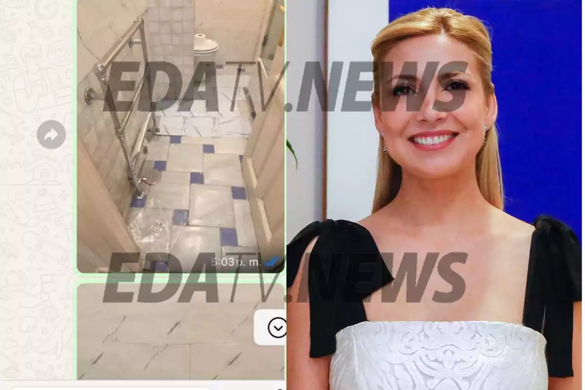 Una imagen muestra una captura de pantalla de un chat de WhatsApp con una foto de un baño y al lado una foto de una mujer sonriendo con un vestido blanco y negro.