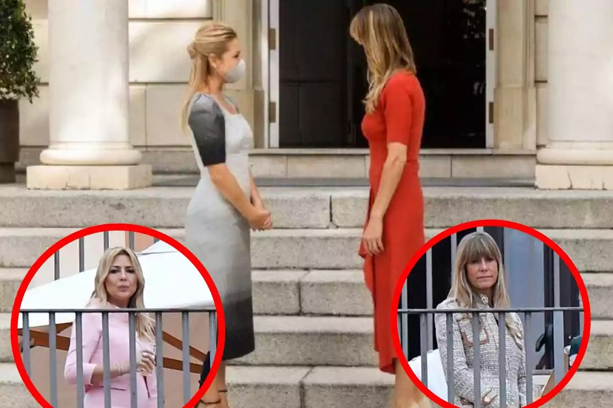 Dos mujeres de pie frente a una entrada con columnas, una con vestido gris y mascarilla, la otra con vestido rojo, con dos imágenes circulares en la parte inferior mostrando a otras dos mujeres.