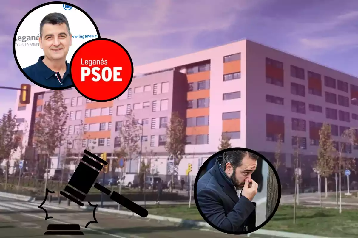 Una imagen de un edificio moderno con dos círculos superpuestos que contienen a dos hombres y un logotipo del PSOE de Leganés, junto a un icono de un mazo de juez.