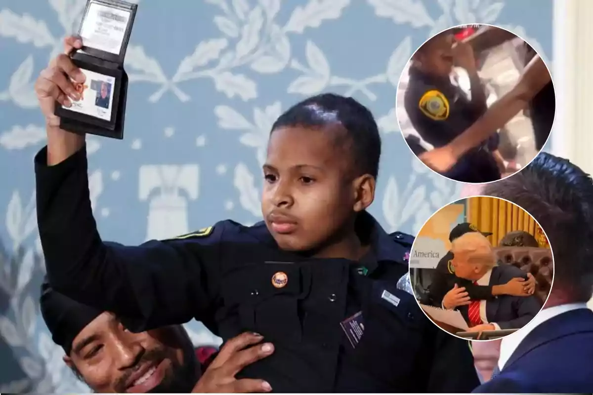 A child dressed as a police officer holds up an ID while being held by an adult, with two overlapping circular images showing different moments, including a hug with a public figure.