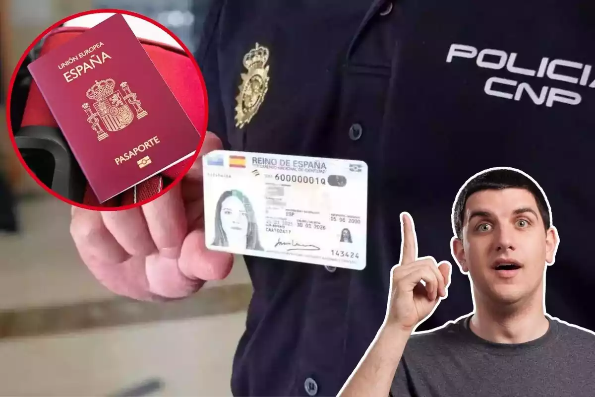 Imagen de fondo de un agente de la Policía Nacional con un DNI en la mano, junto a otra imagen de un pasaporte y otra imagen de un hombre en primer plano con gesto de haber tenido una idea