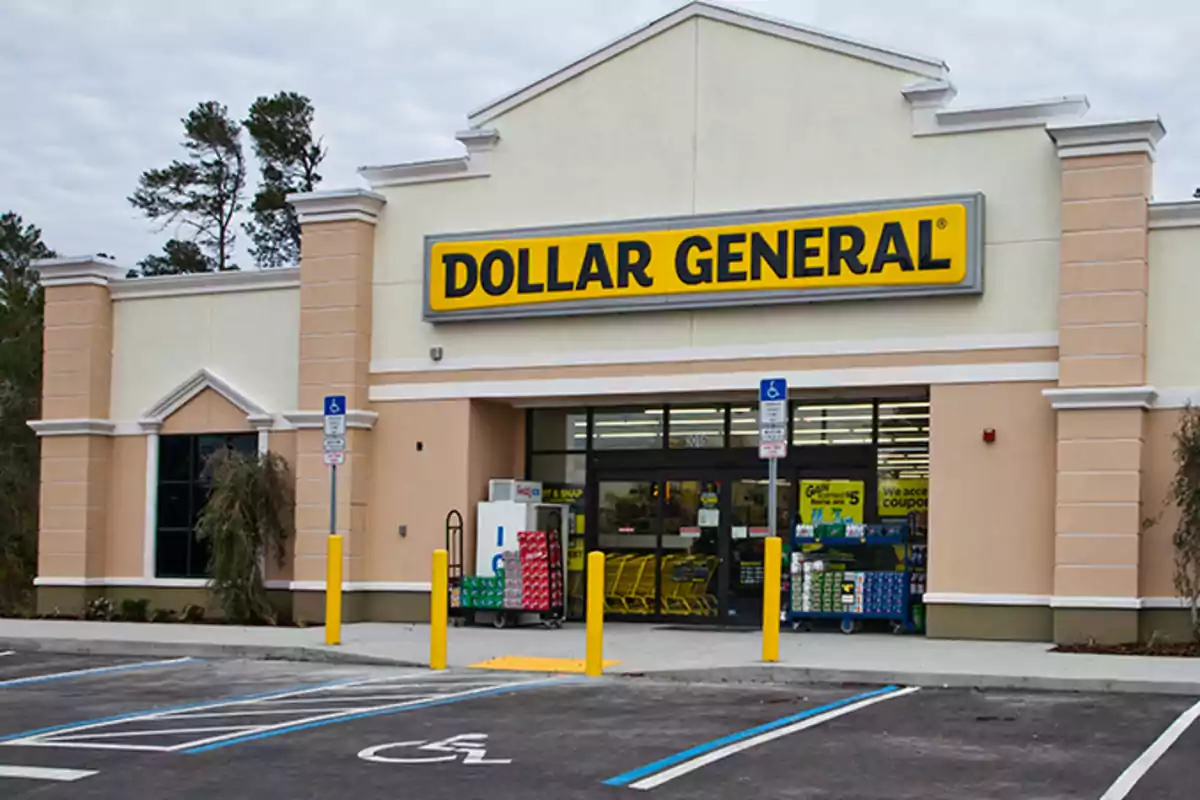 Dollar General store facade with parking in front. Dollar General store facade with parking in front.
