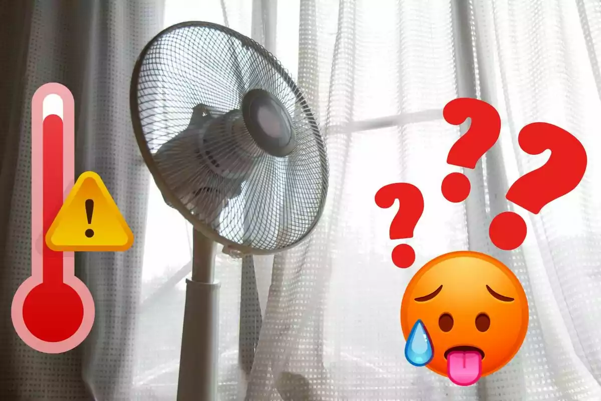 Ventilador encendido frente a una ventana con cortinas, acompañado de emojis que representan calor y confusión. Ventilador encendido frente a una ventana con cortinas, acompañado de emojis que representan calor y confusión.