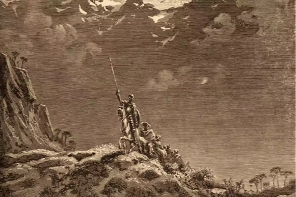 Una ilustración en sepia muestra a un caballero con lanza montado en un caballo en la cima de una colina, acompañado por varias figuras que lo siguen, con un cielo nublado al fondo.