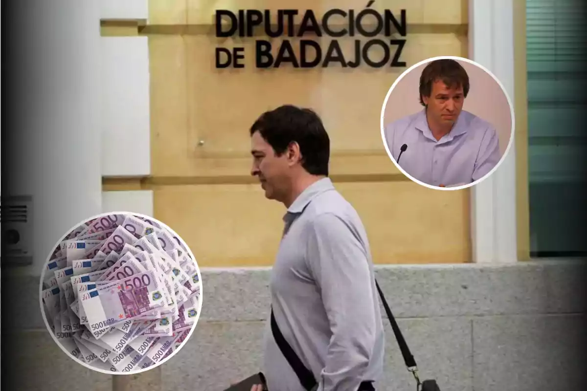 A man walks in front of a building with the sign "Legislature de Badajoz" while superimposed images of 500-euro bills and a man speaking into a microphone are shown.