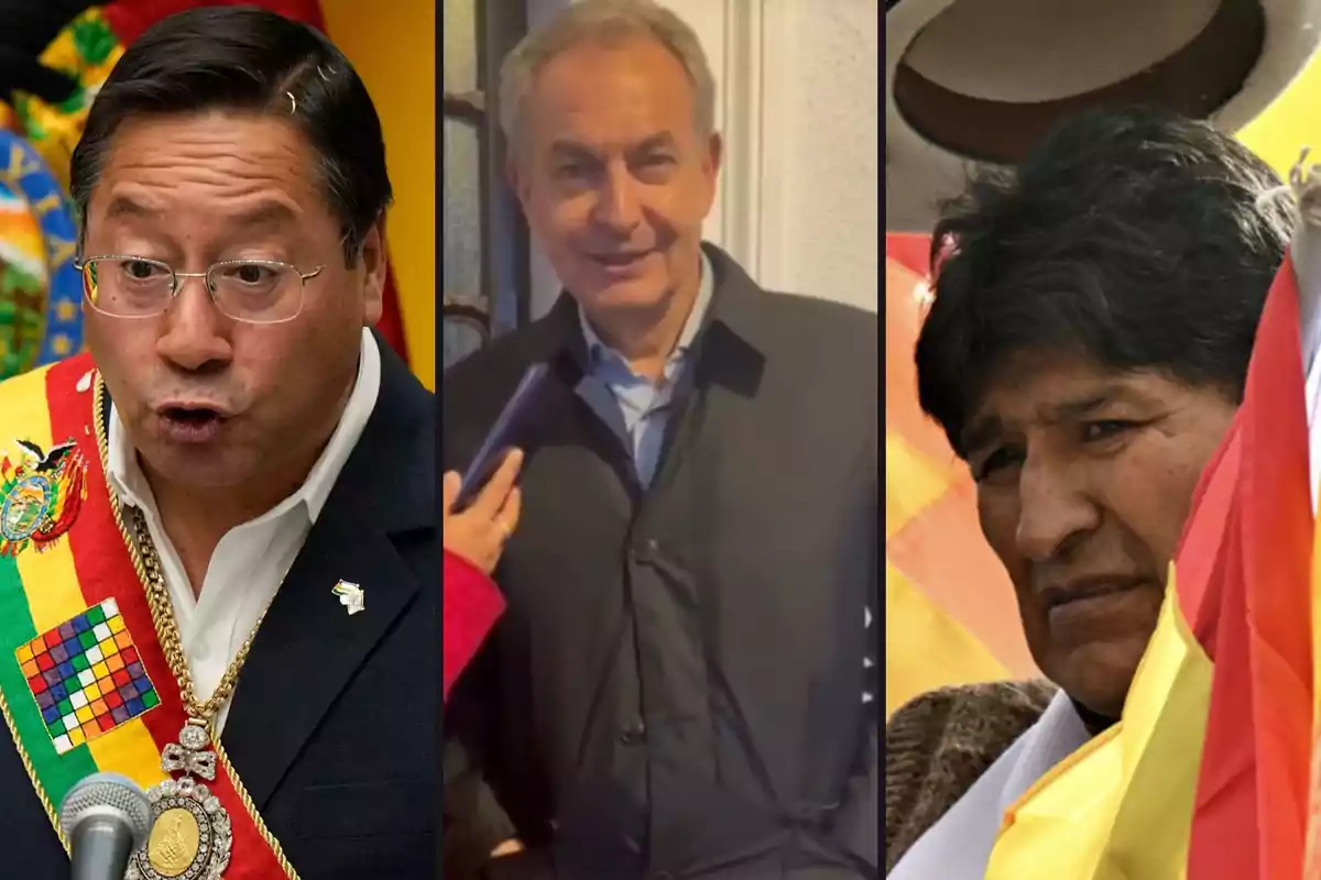 Tres hombres en diferentes contextos: el primero lleva una banda presidencial y está hablando, el segundo está siendo entrevistado y el tercero sostiene una bandera.