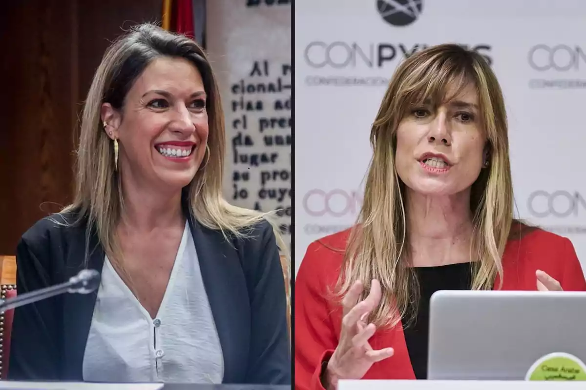 Dos mujeres en diferentes contextos, una sonriendo y la otra hablando en una conferencia.