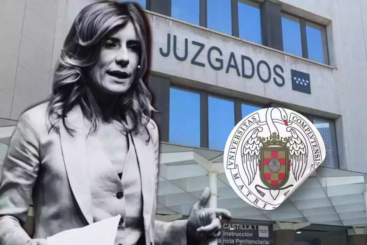 Una mujer en blanco y negro con un fondo de un edificio de juzgados y un escudo de la Universidad Complutense de Madrid.