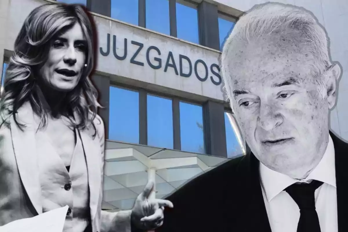 Una mujer y un hombre en primer plano con un edificio de juzgados de fondo.