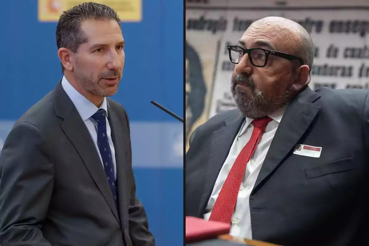 Dos hombres en trajes formales, uno con corbata azul y el otro con corbata roja, en un entorno profesional.