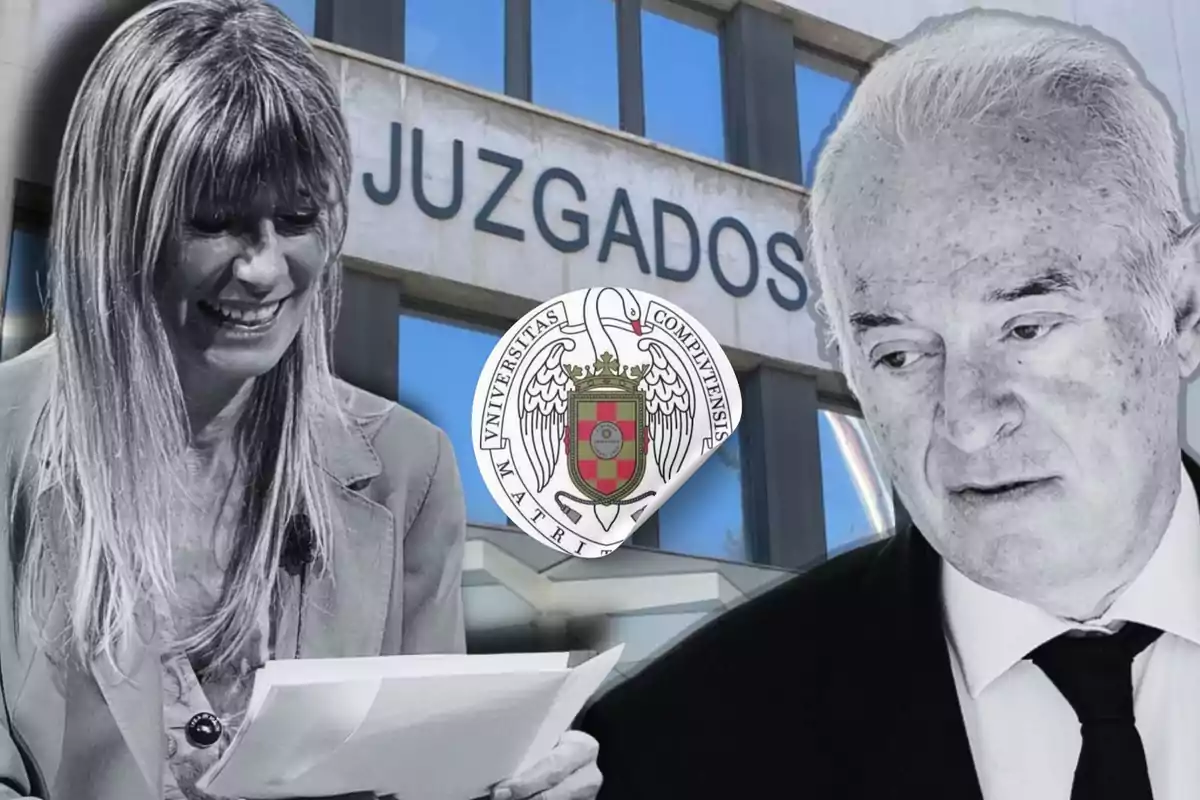 Dos personas frente a un edificio de juzgados con un escudo en el centro.