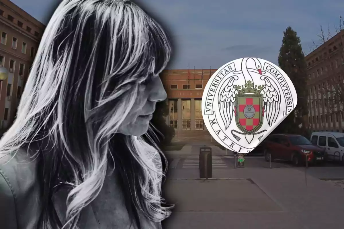 Una mujer en blanco y negro sobre un fondo de la Universidad Complutense de Madrid con el escudo de la universidad.