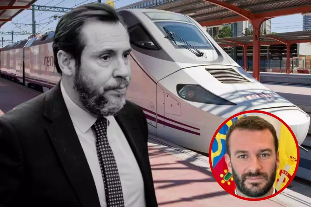 Un hombre con traje en una estación de tren con un tren de alta velocidad en el fondo y un recuadro con la imagen de otra persona.