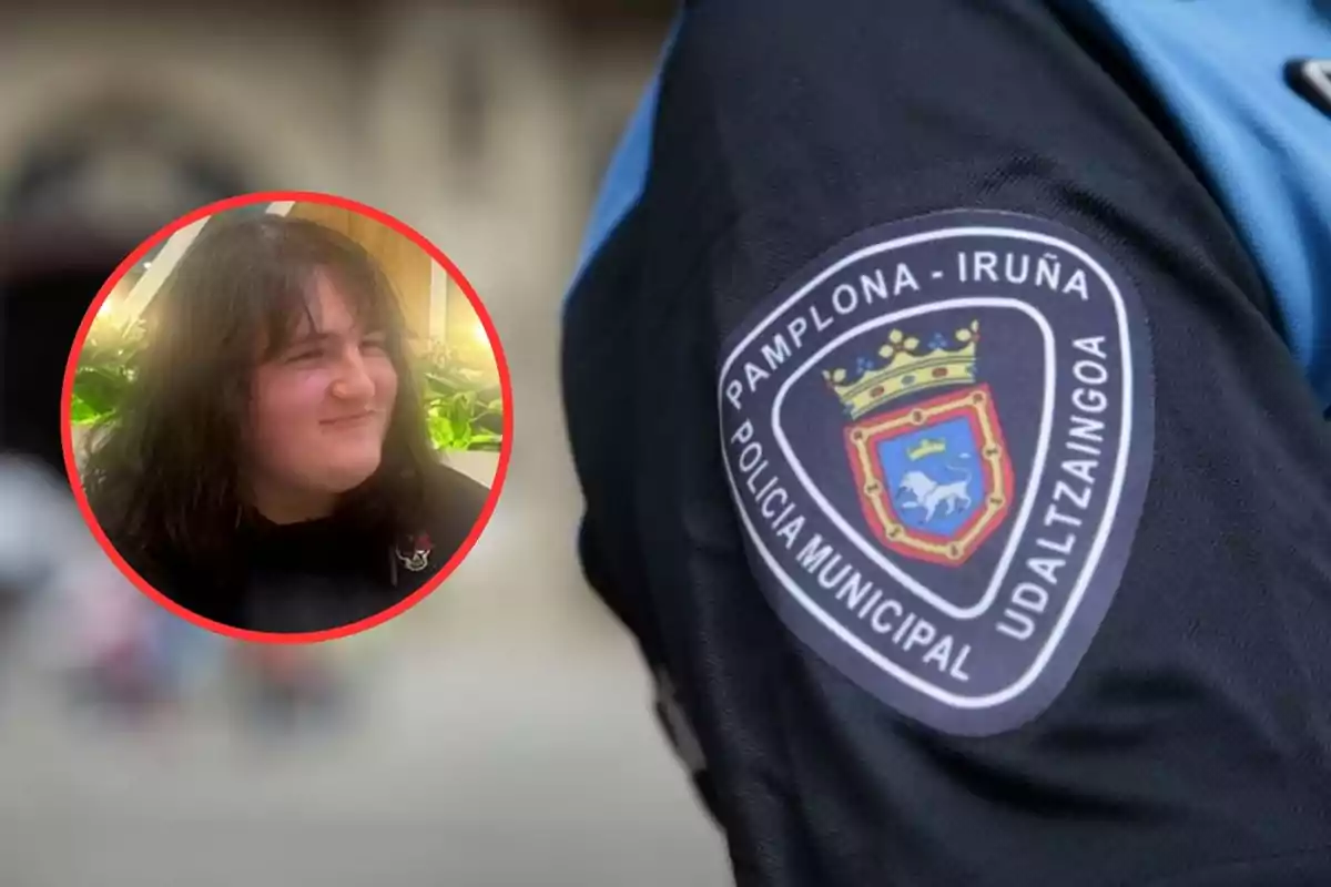 Una persona con cabello oscuro en un círculo rojo junto a un uniforme de la Policía Municipal de Pamplona-Iruña.