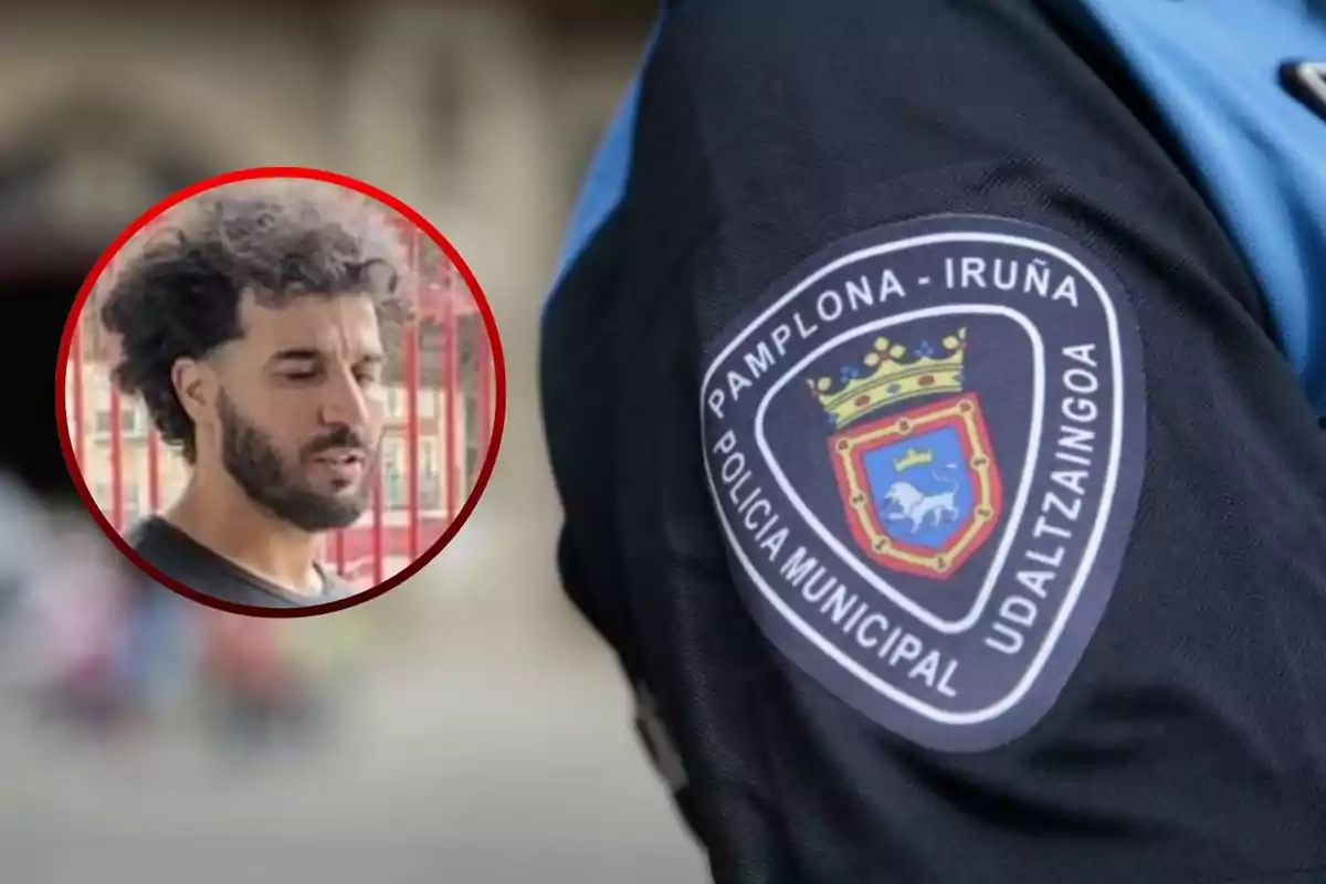 Un hombre con barba en un círculo rojo junto a un uniforme de la Policía Municipal de Pamplona-Iruña.