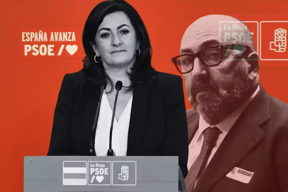 Una mujer en un podio con el logotipo del PSOE y un fondo rojo.