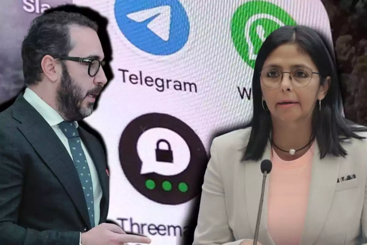 Dos personas en primer plano con un fondo que muestra iconos de aplicaciones de mensajería como Telegram y WhatsApp.