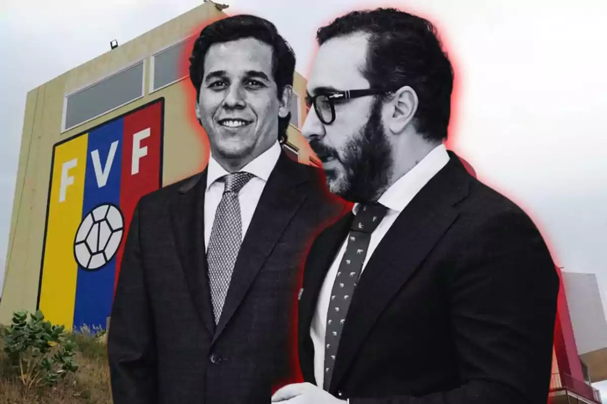 Dos hombres en traje frente a un edificio con el logo de la FVF.